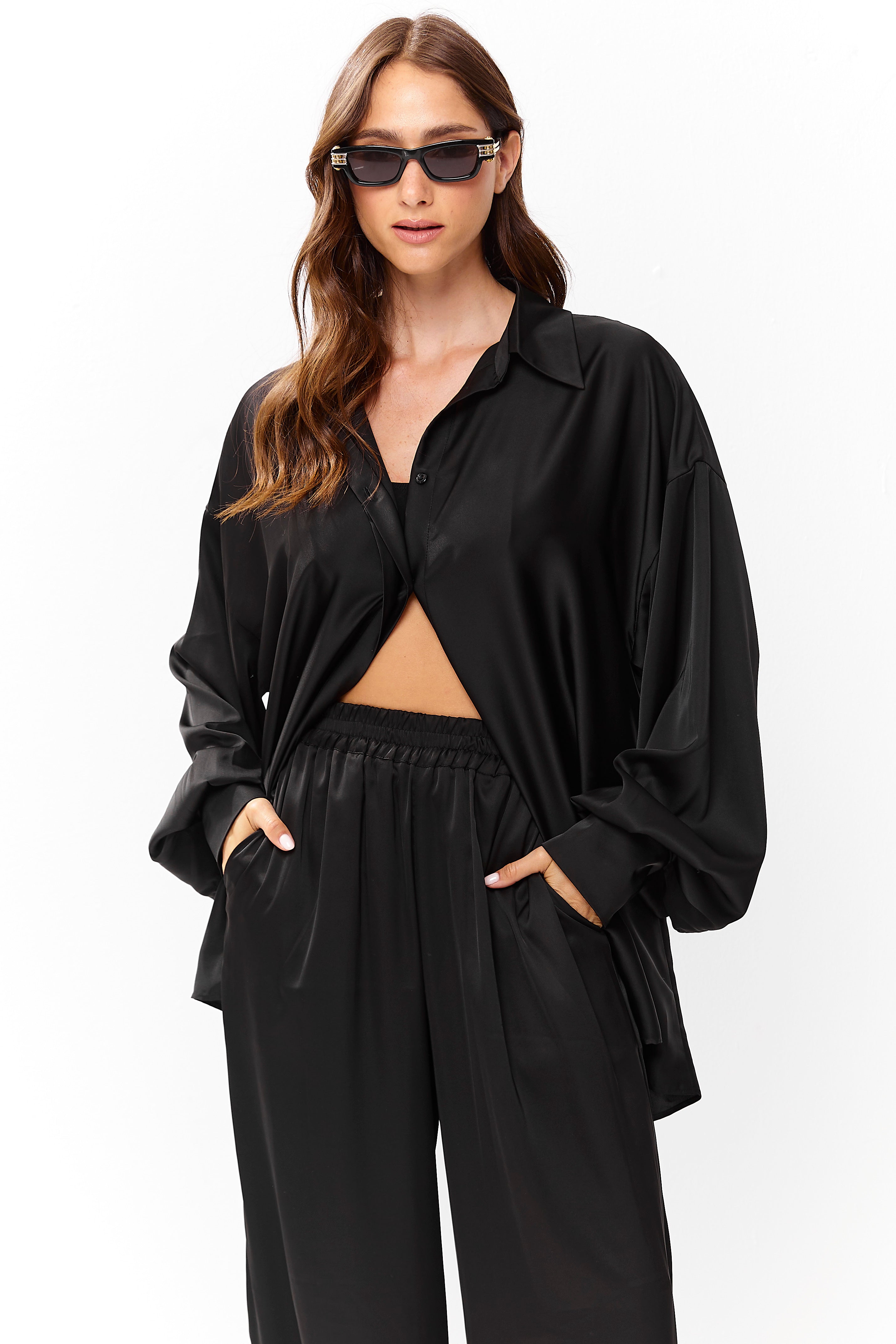 Selena Satin Shirt Black
