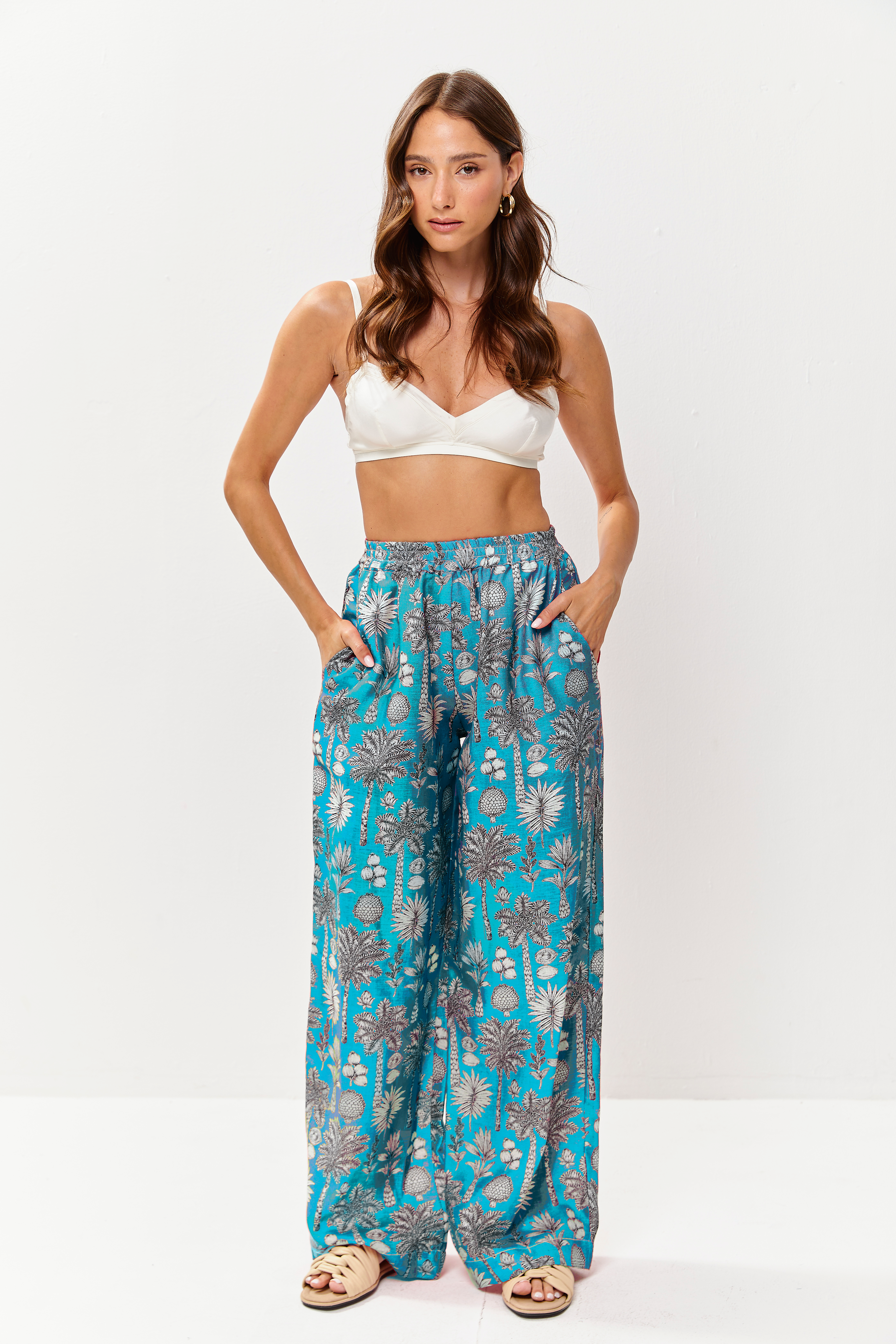 Selena Linen Pants Flora Turquoise