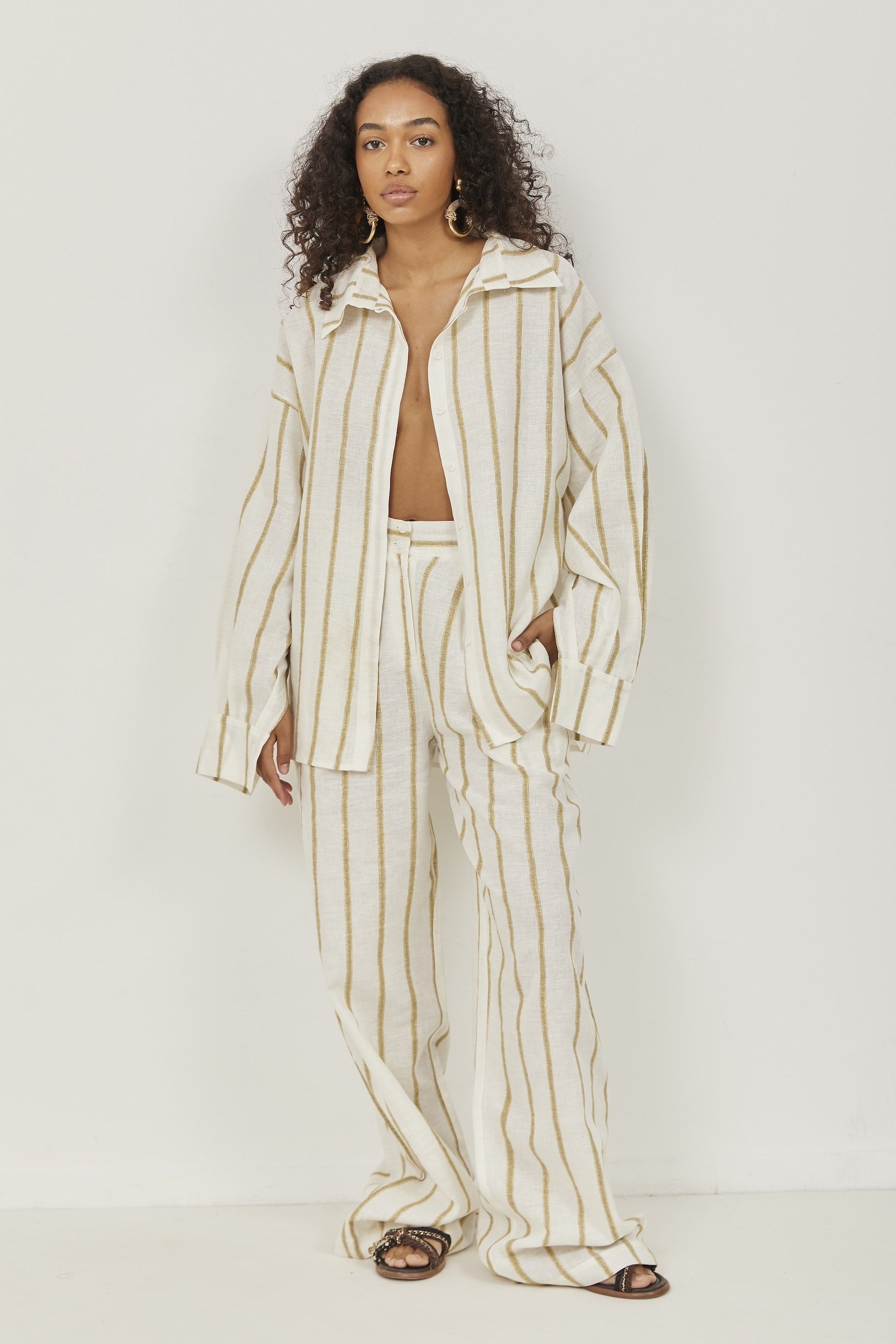 Selena Linen Shirt Green Stripes