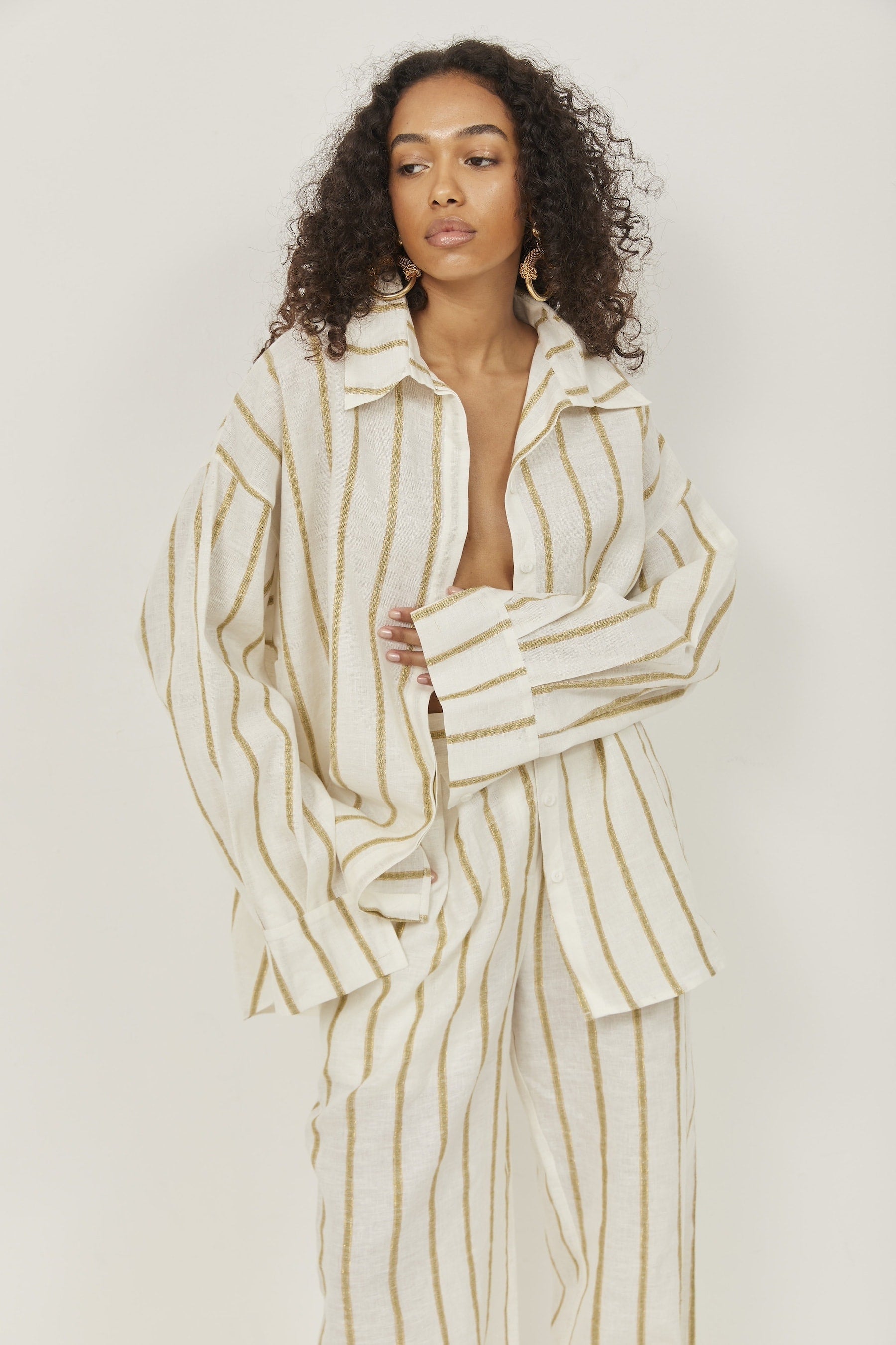 Selena Linen Shirt Green Stripes