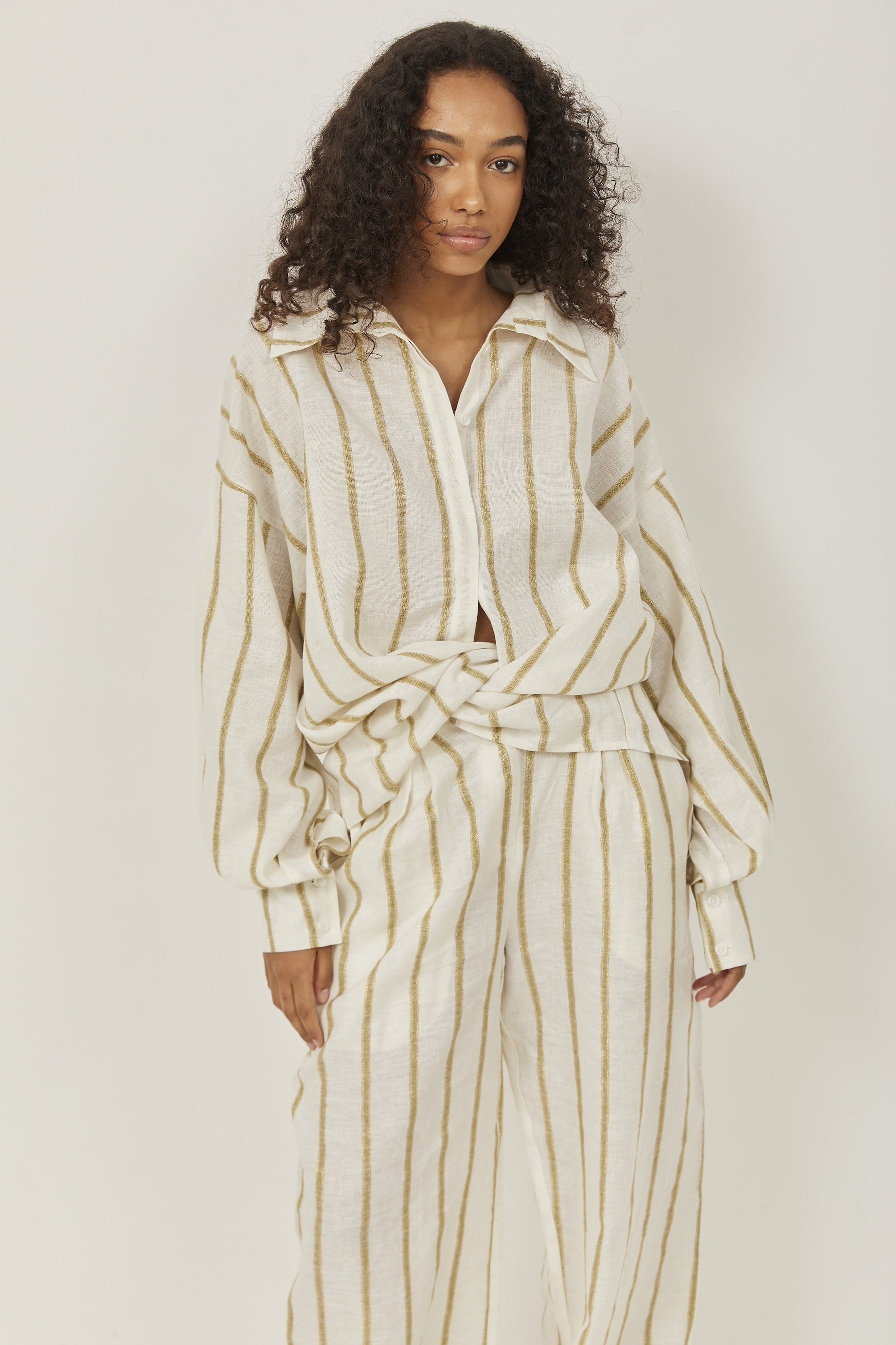 Selena Linen Shirt Green Stripes