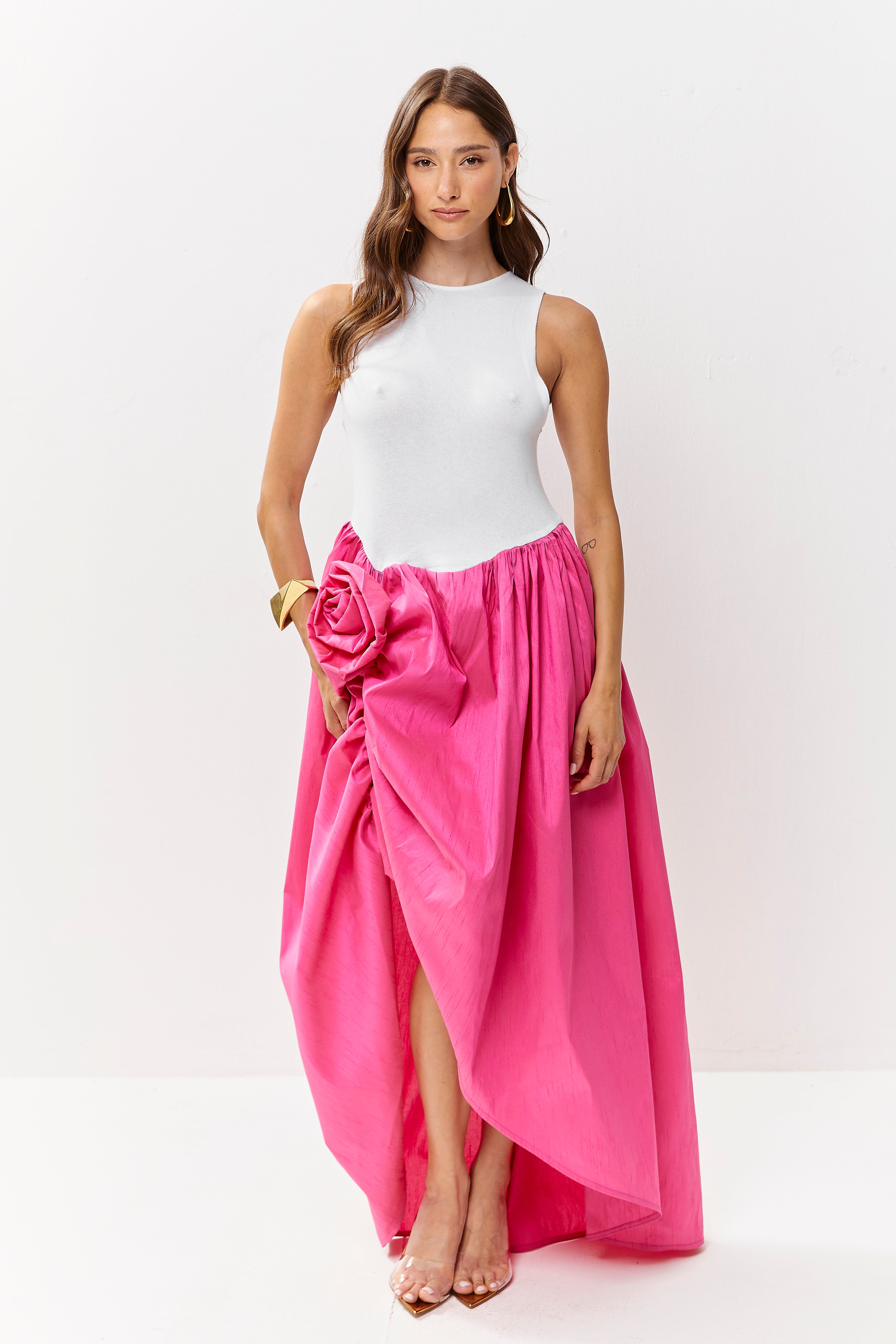 Rosa Maxi Dress White Fuchsia