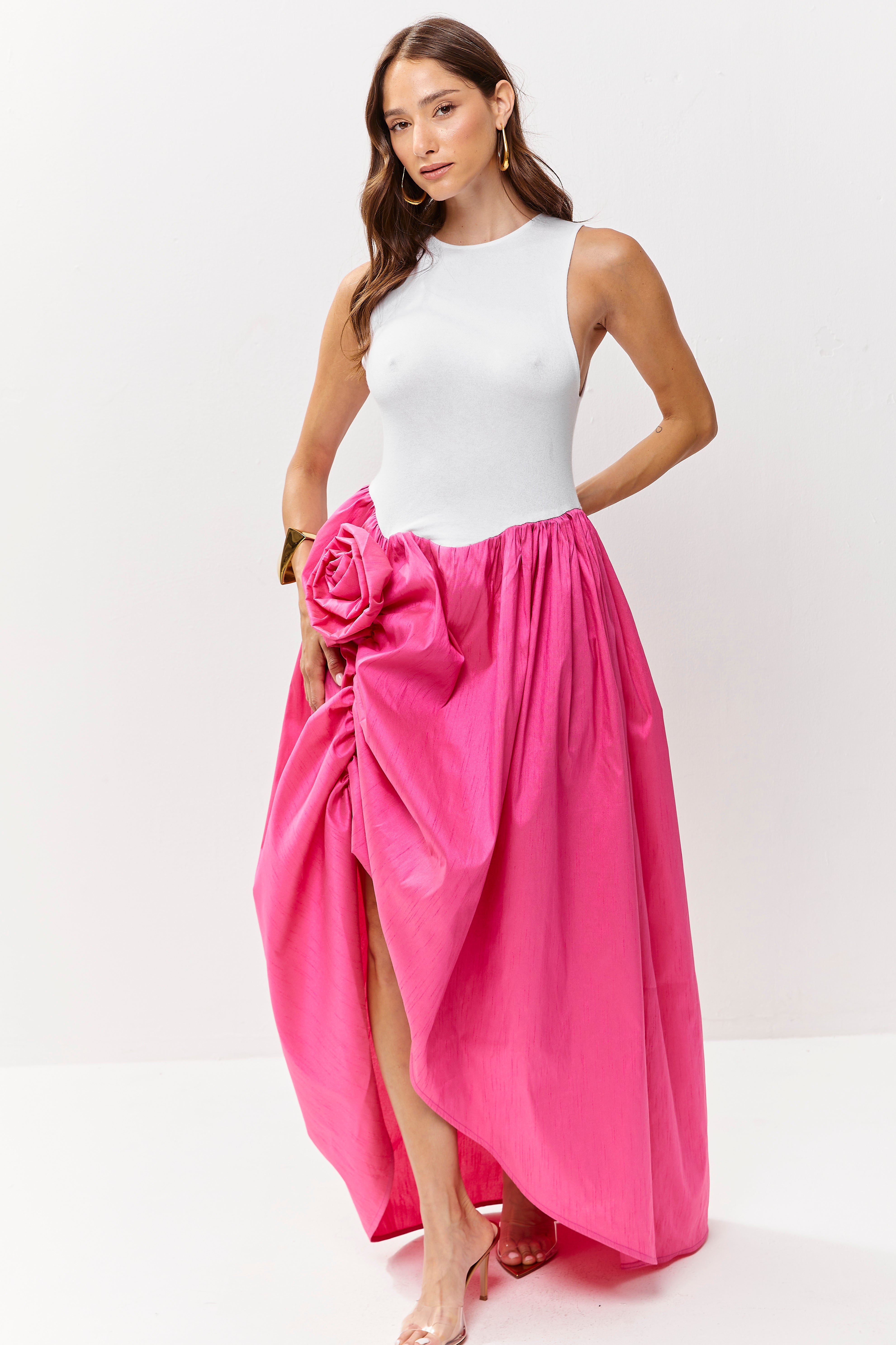 Rosa Maxi Dress White Fuchsia