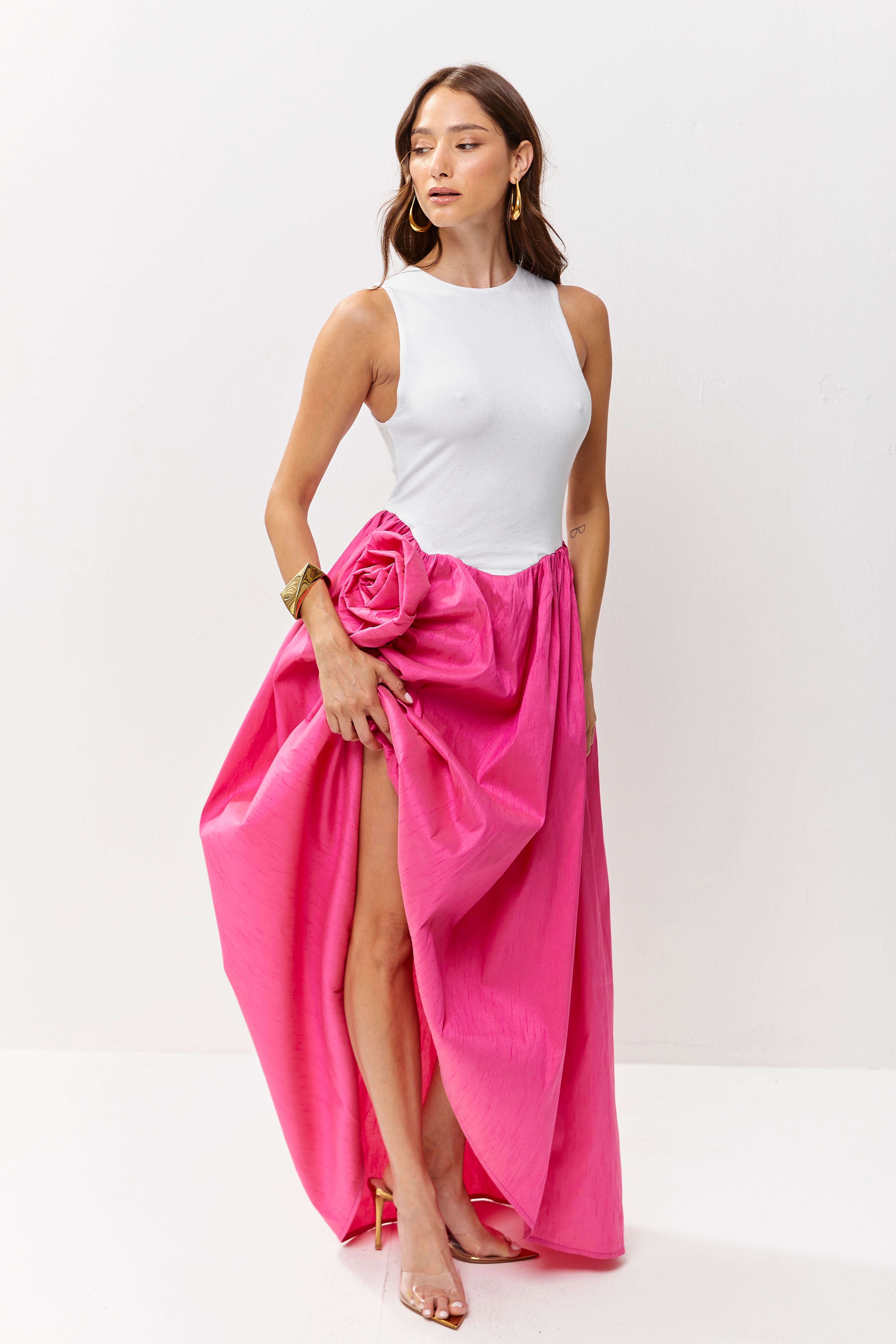 Rosa Maxi Dress White Fuchsia