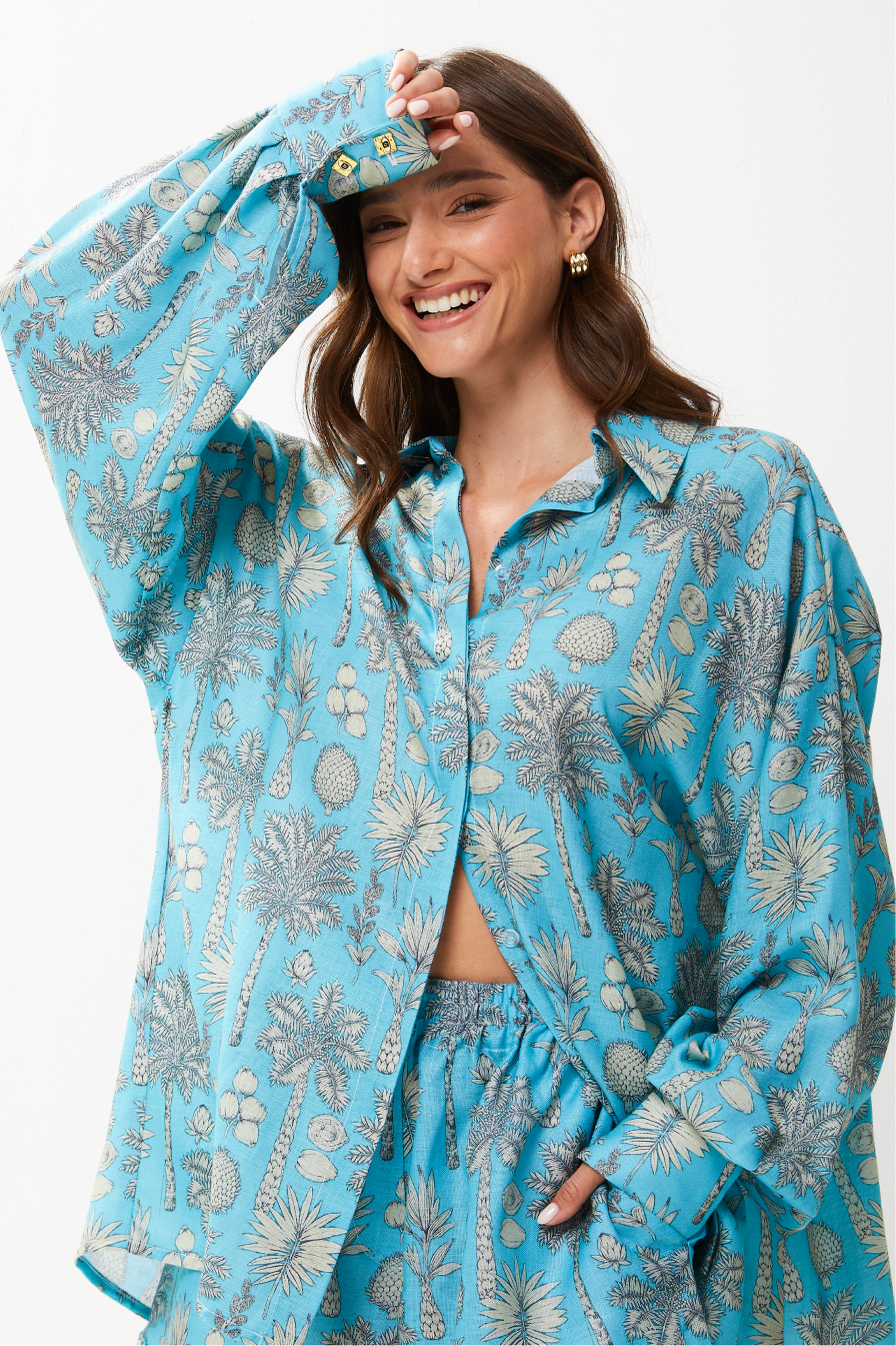 Selena Linen Shirt Flora Turquoise